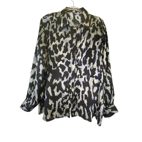 Saks Fifth Ave100% Silk Blue Gray Leopard Print Button Down Blouse Plus Size18W - Picture 1 of 4